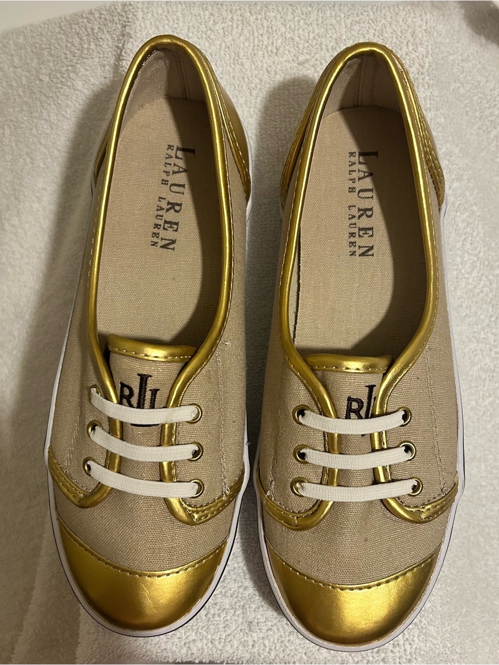 Ralph Lauren Gold Metallic Trim Canvas Slip-On Sneakers